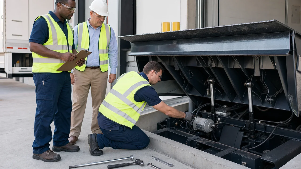 Industrial technician inspecting hydraulic dock leveler components with tools