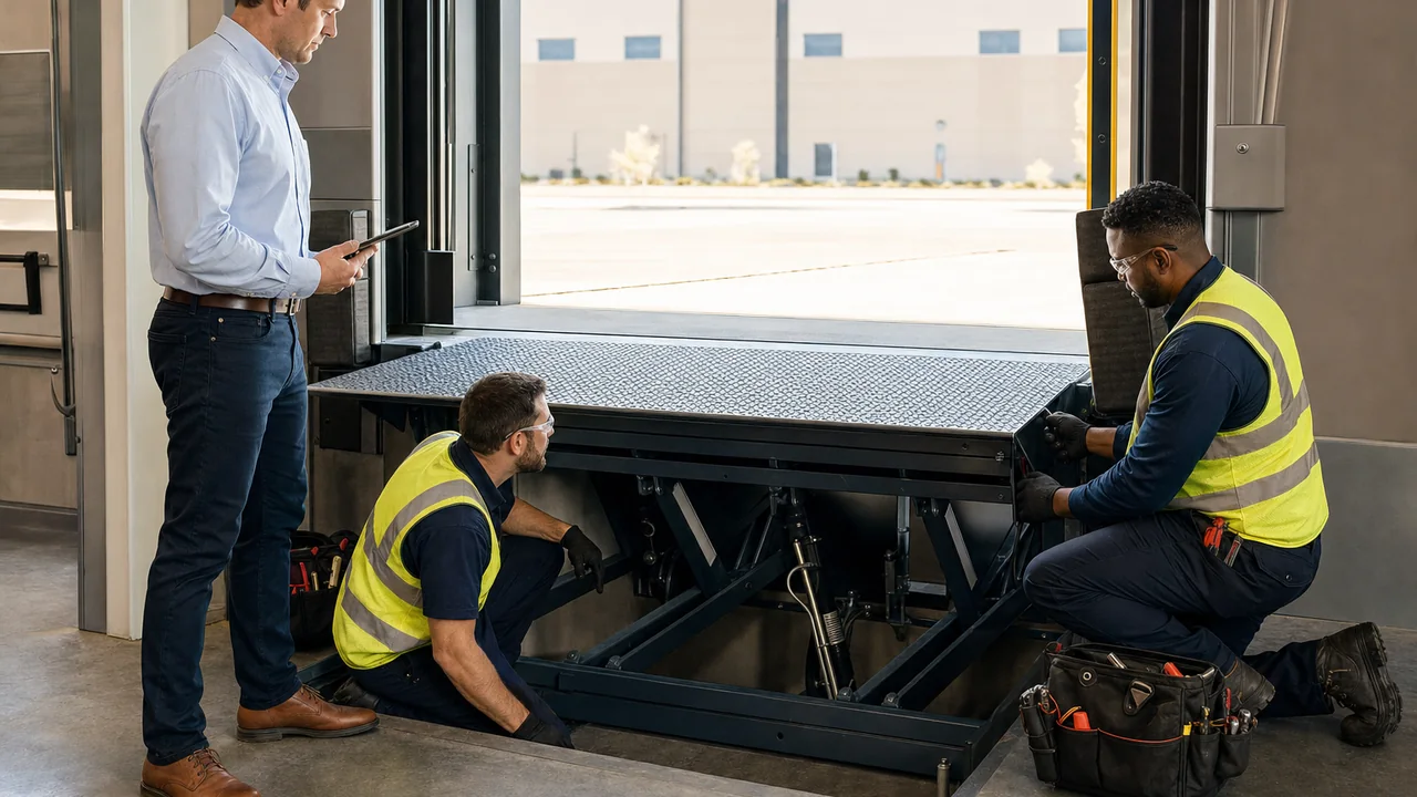 Professional loading dock repair technicians completing service with a facility manager nearby